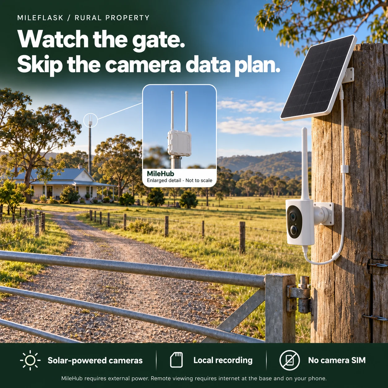 MileFlask at a rural gate with a detail inset of the pole-mounted MileHub.