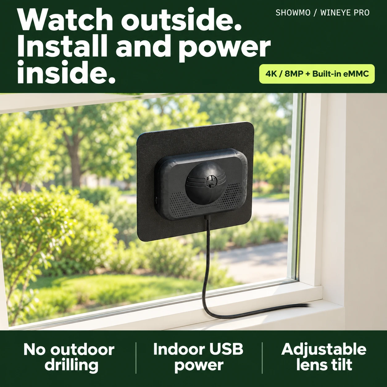 WinEye Pro camera mounted inside a window, with indoor USB power and adjustable lens tilt. 4K / 8MP video and built-in eMMC storage.