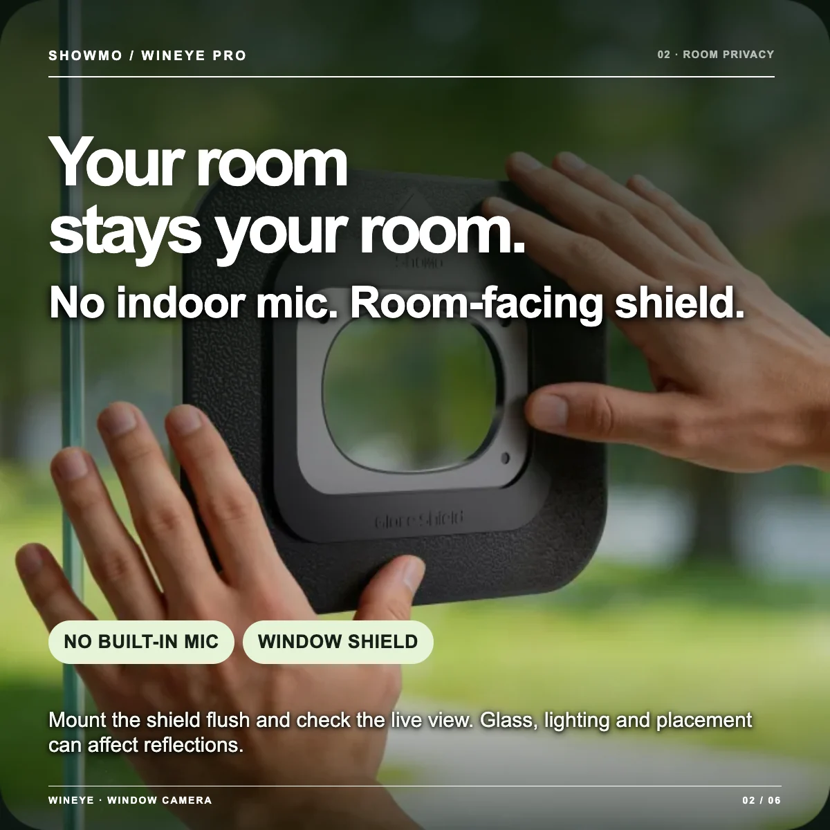WinEye window shield and no built-in microphone protect room privacy