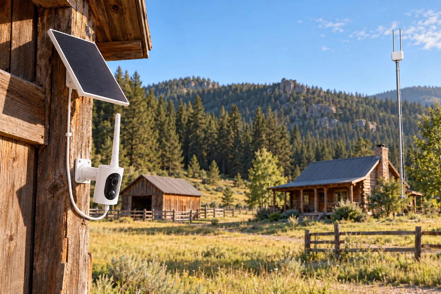 MileFlask solar camera at a rural barn with pole-mounted MileHub