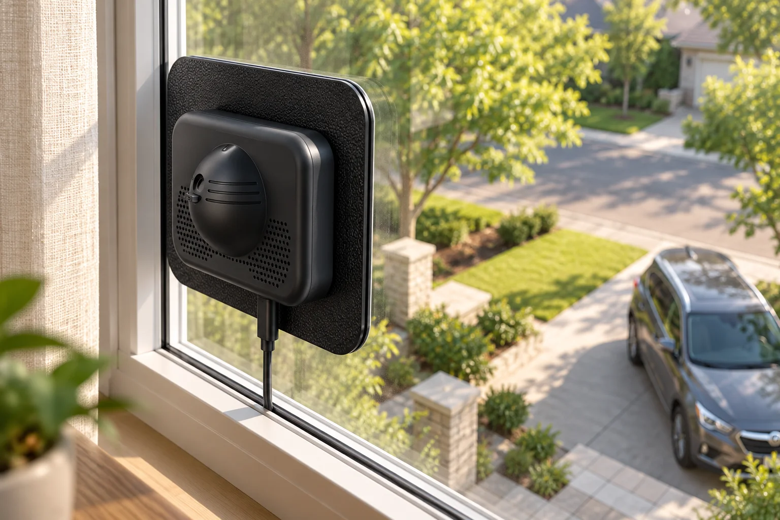 WinEye mounted inside an upstairs window watching a driveway