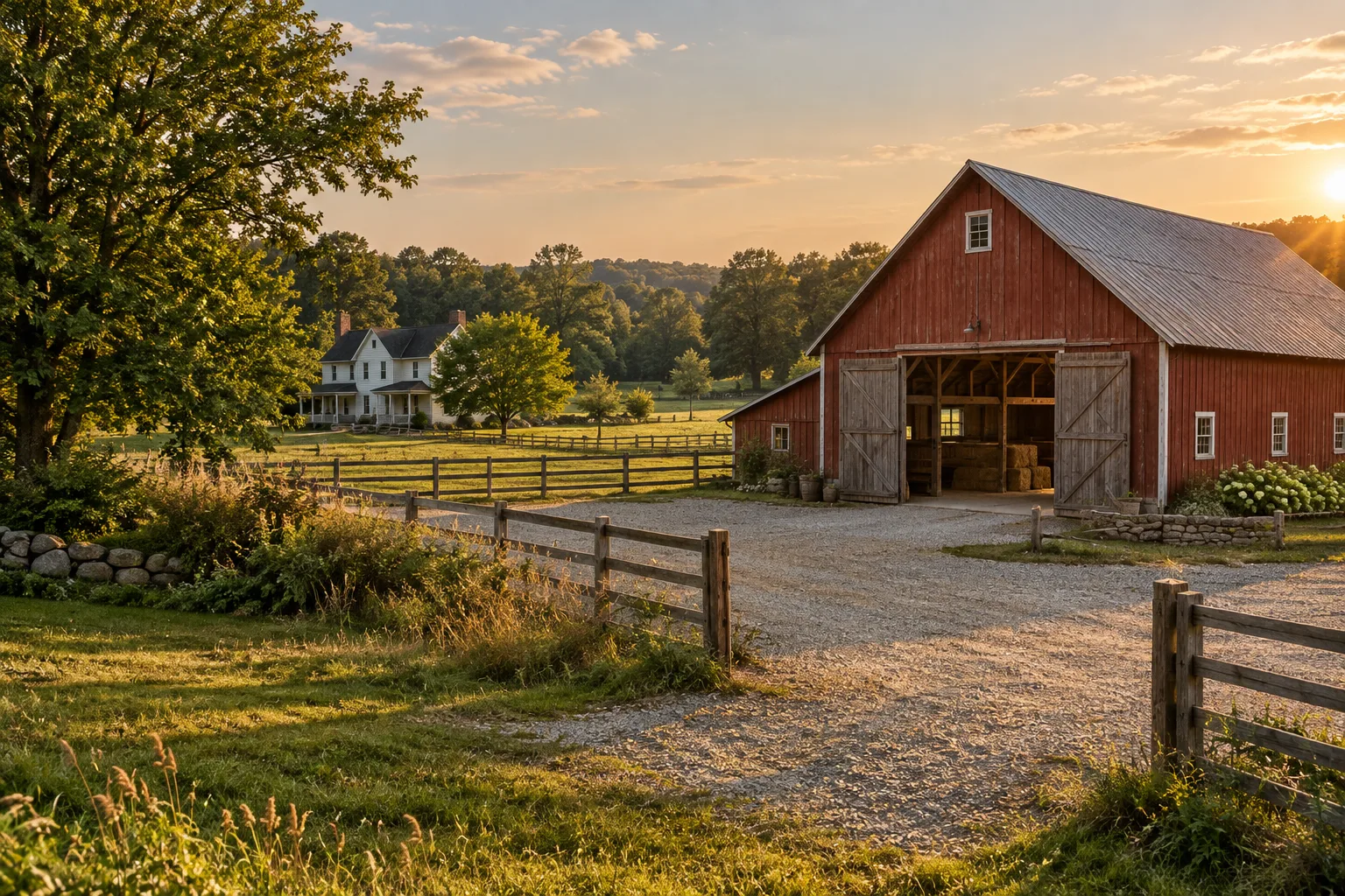 AI illustration of a rural barn with a farmhouse beyond the paddock