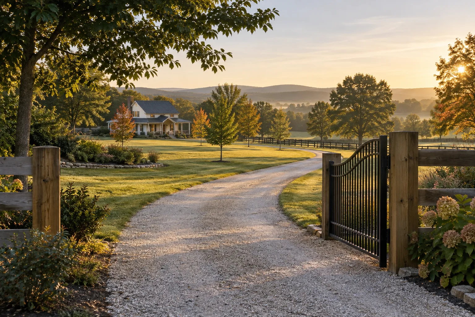 AI illustration of a rural gate and gravel driveway leading toward a farmhouse
