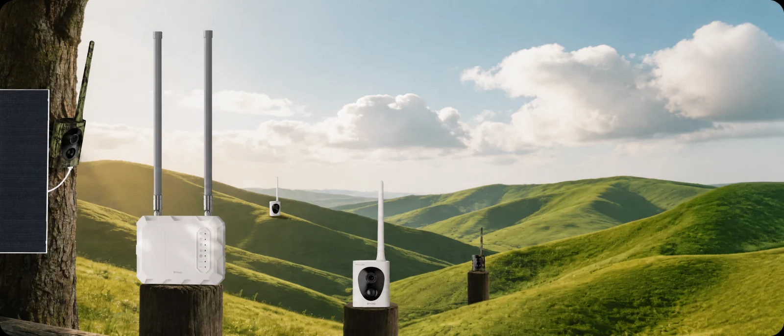 Official MileFlask product composition showing the white MileHub base station with antennas, cameras and solar panels